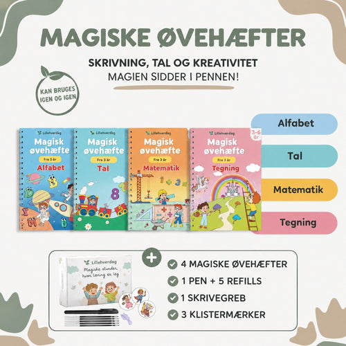 Magiske øvehæfter – 4 genbrugelige hæfter til børn 3-6 år