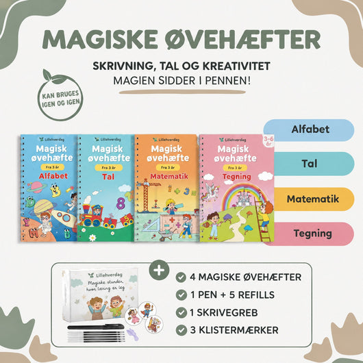 Magiske øvehæfter: 4 hæfter, pen, refills, skrivegreb og klistermærker